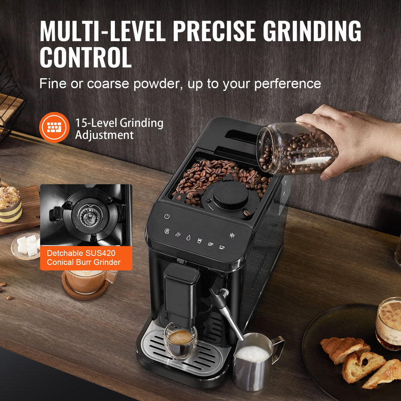 VEVOR automātiskais espresso kafijas automāts, 20 bāru spiediens, ar tvaika sprauslu un 15 malšanas līmeņiem