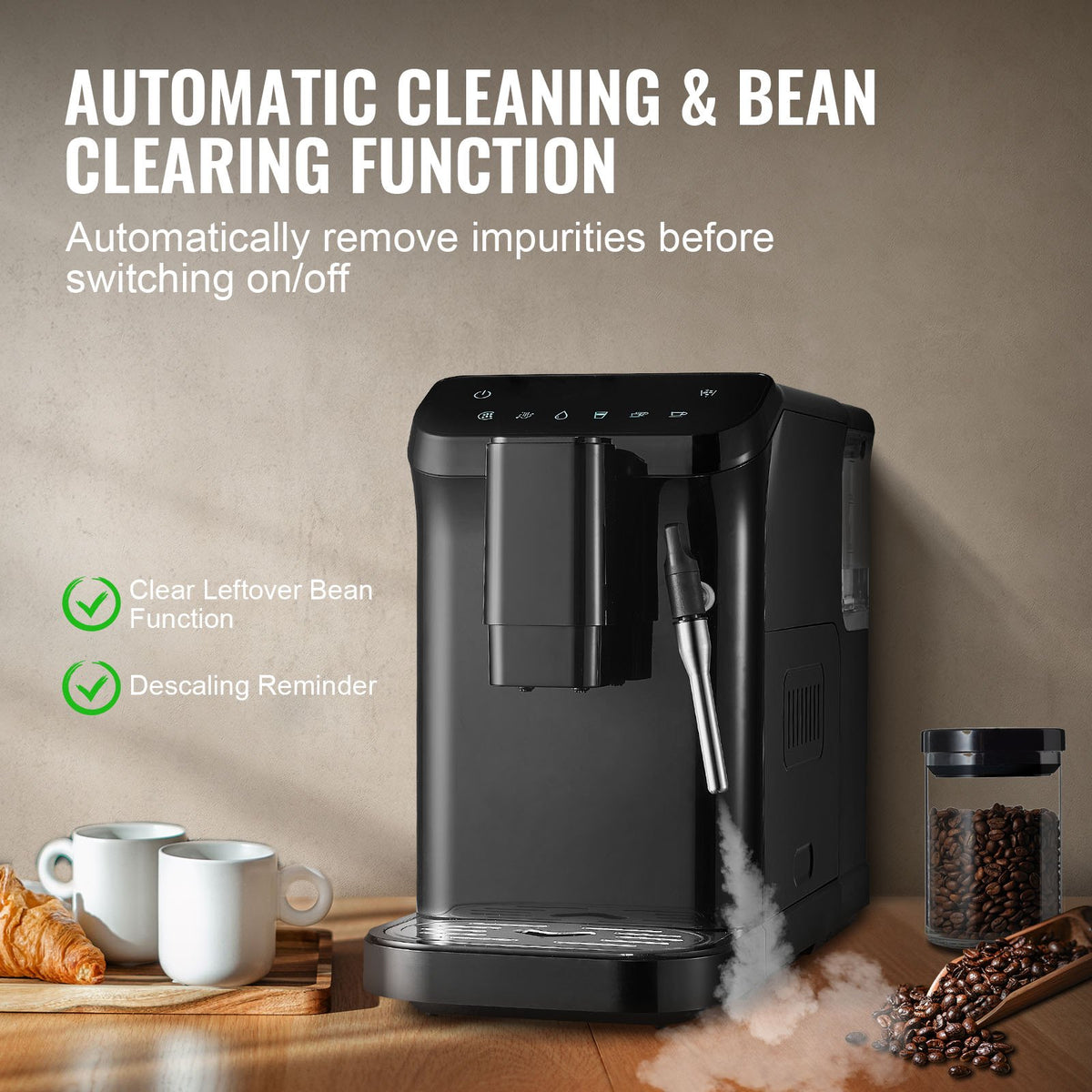 VEVOR automātiskais espresso automāts 20 bar ar tvaika sprauslu un 15 malšanas līmeņiem