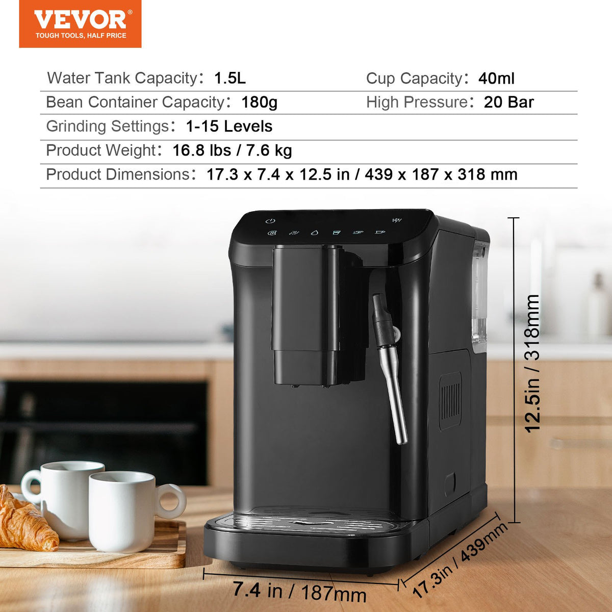 VEVOR automātiskais espresso automāts 20 bar ar tvaika sprauslu un 15 malšanas līmeņiem