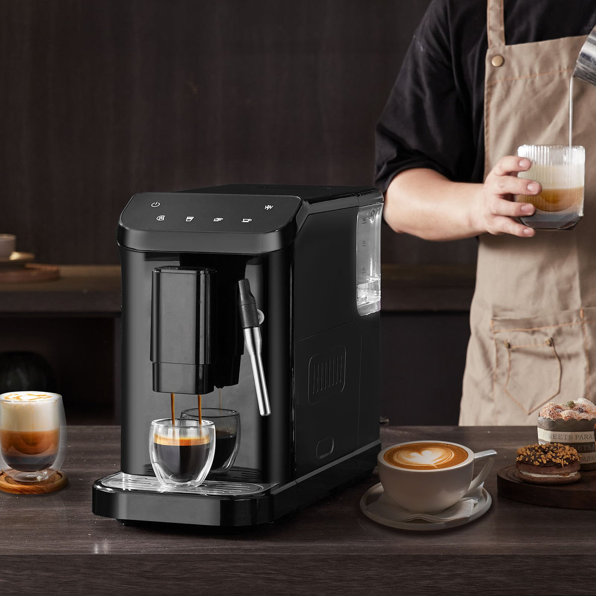 VEVOR automātiskais espresso automāts 20 bar ar tvaika sprauslu un 15 malšanas līmeņiem