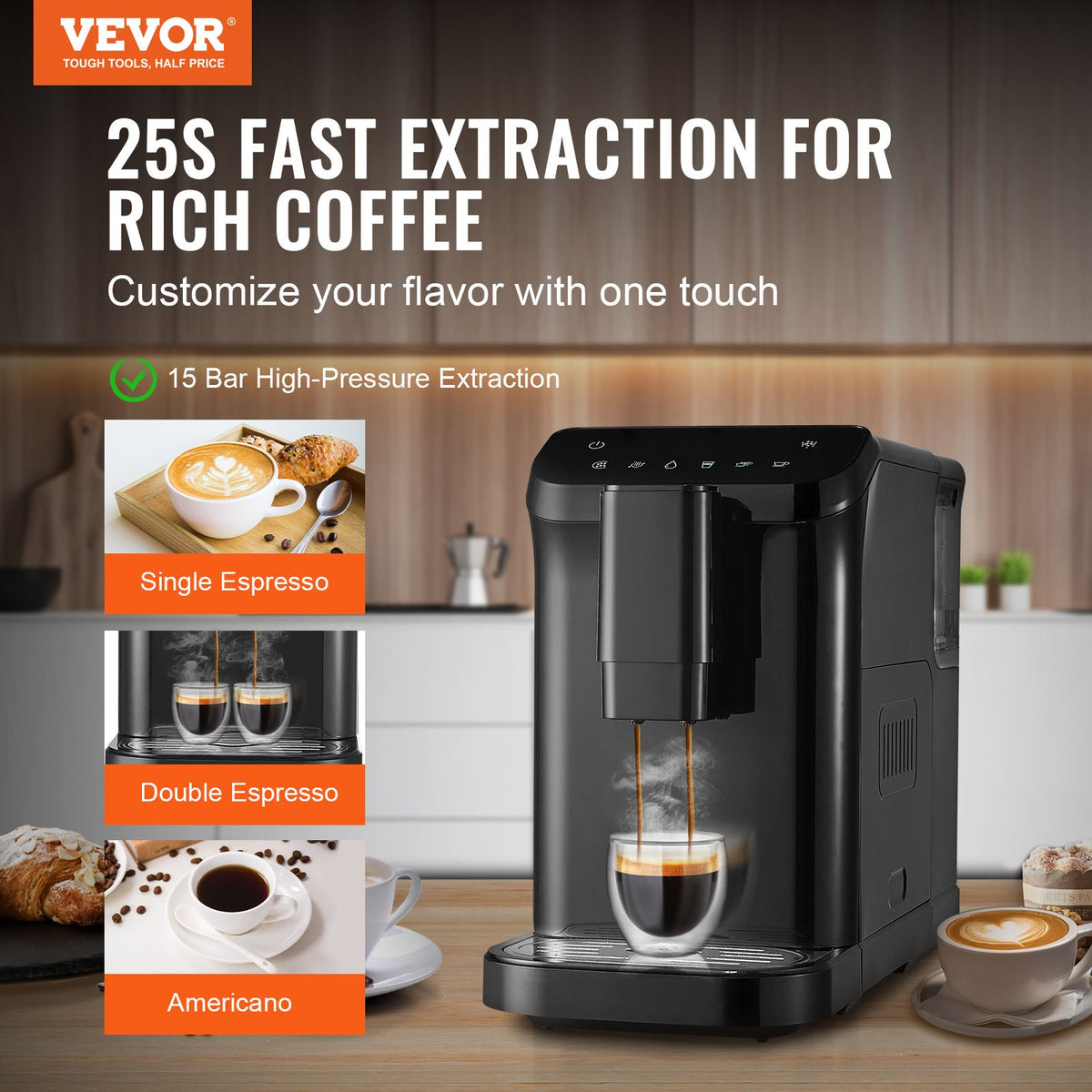 VEVOR automātiskais espresso automāts 15 bar ar iebūvētām dzirnaviņām un 15 malšanas līmeņiem