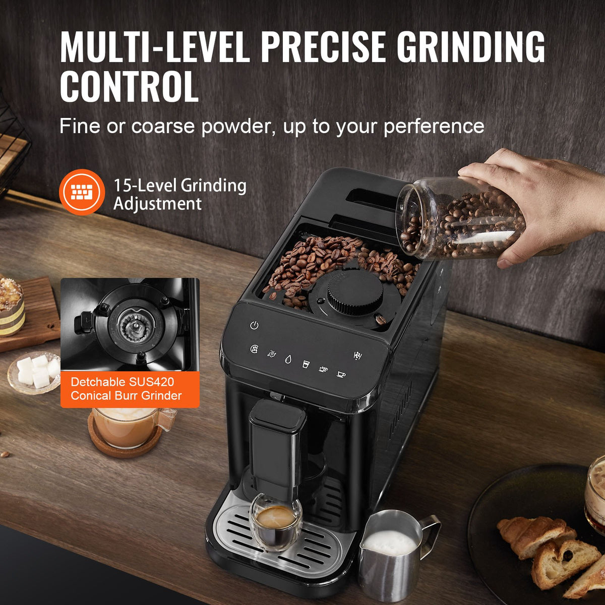 VEVOR automātiskais espresso automāts 15 bar ar iebūvētām dzirnaviņām un 15 malšanas līmeņiem