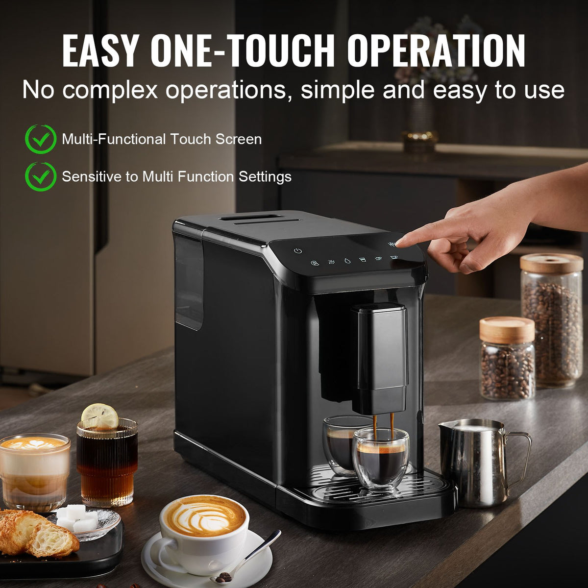 VEVOR automātiskais espresso automāts 15 bar ar iebūvētām dzirnaviņām un 15 malšanas līmeņiem