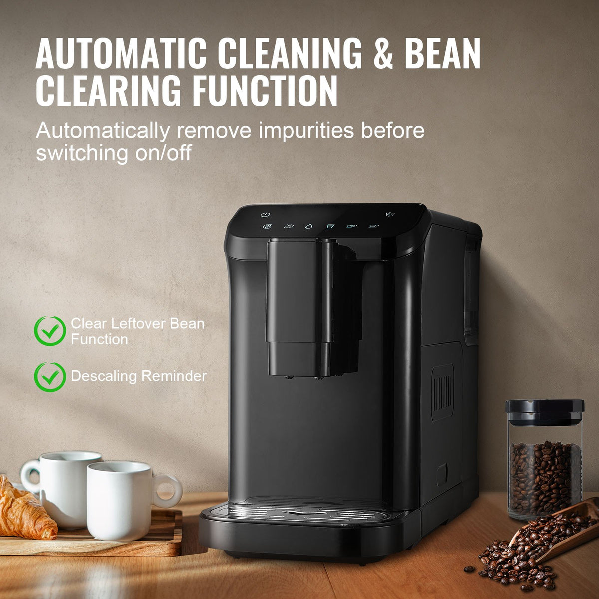 VEVOR automātiskais espresso automāts 15 bar ar iebūvētām dzirnaviņām un 15 malšanas līmeņiem