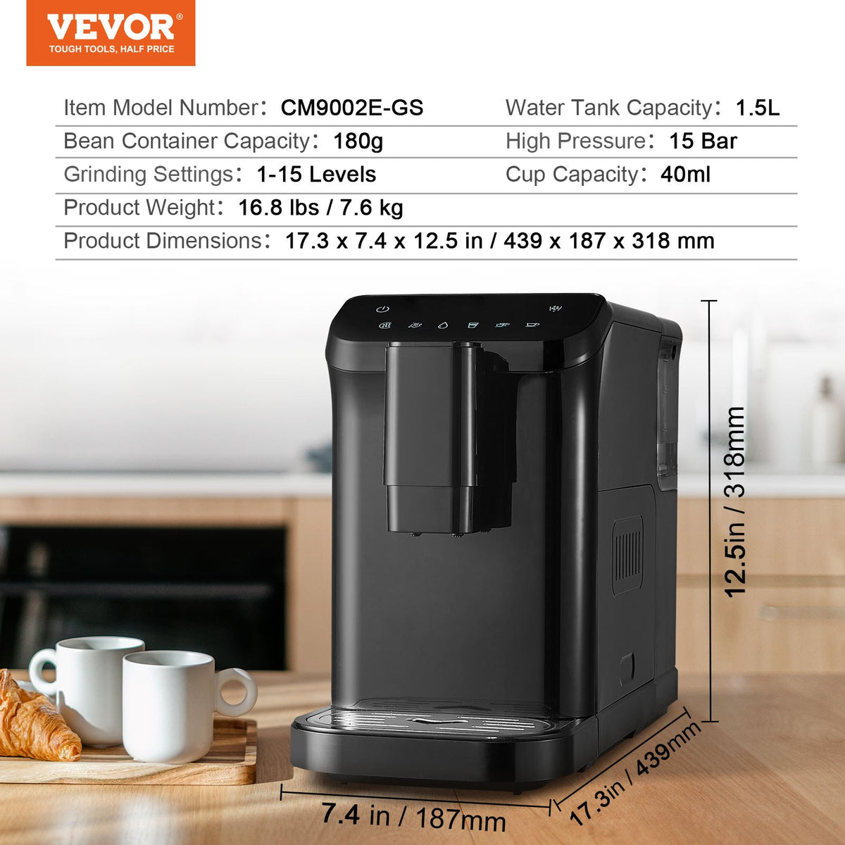 VEVOR automātiskais espresso automāts 15 bar ar iebūvētām dzirnaviņām un 15 malšanas līmeņiem