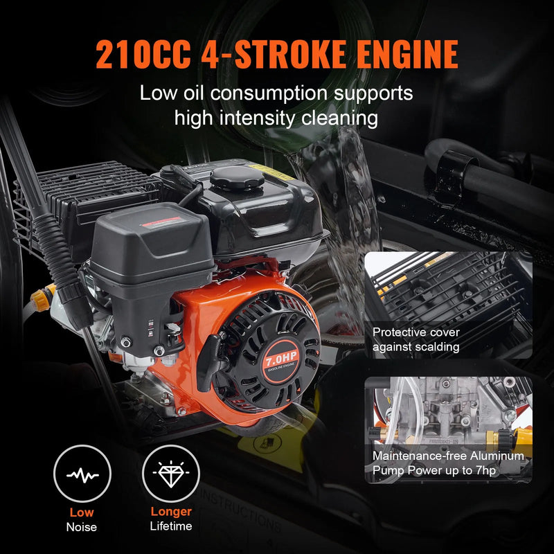 Benzīna augstspiediena mazgātājs, 234 bar, 9,8 l/min, ar alumīnija sūkni, smidzināšanas pistoli un pagarinājuma uzgali, 5 ātrās savienošanas sprauslām, automašīnām, mājām, piebraucamajiem ceļiem un terasēm