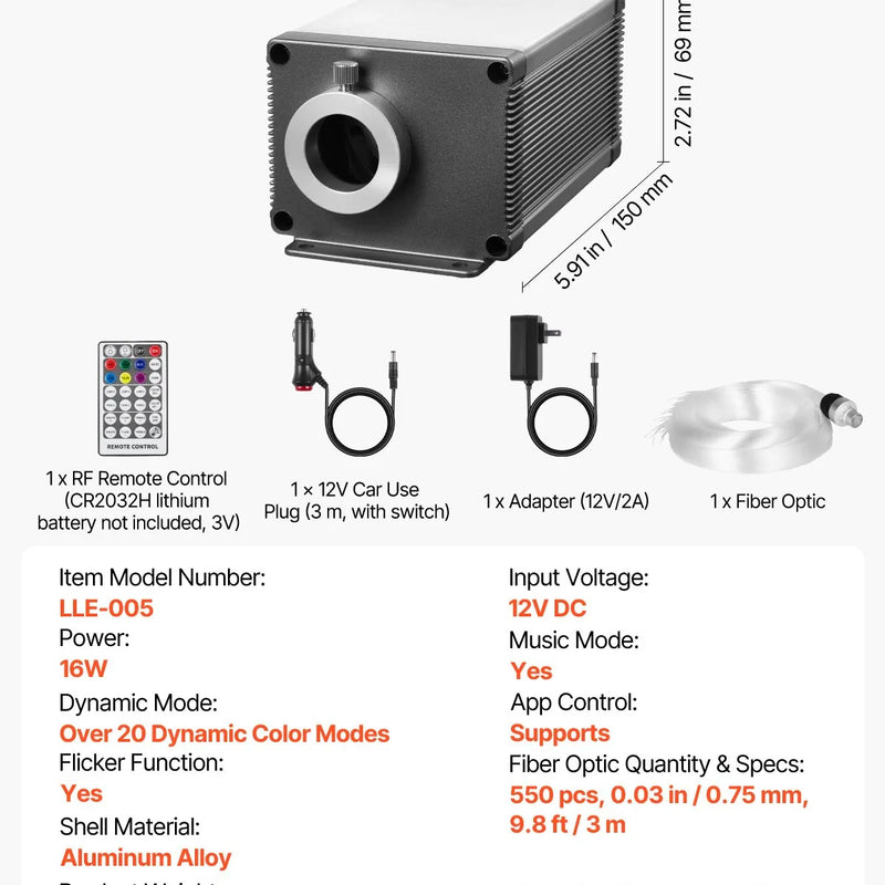 Starlight griestu apgaismojuma komplekts, 550 gab., 0,76 mm, 3 m, 16 W, ar Bluetooth, tālvadību, skaņas aktivizāciju, RGBW