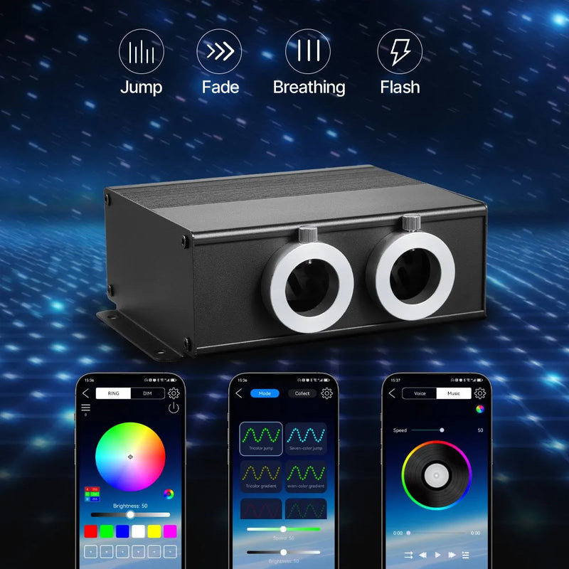 Starlight griestu apgaismojuma komplekts, 900 gab., 0,76 mm, 3 m, 20 W, ar Bluetooth, tālvadību, skaņas aktivizāciju, RGBW