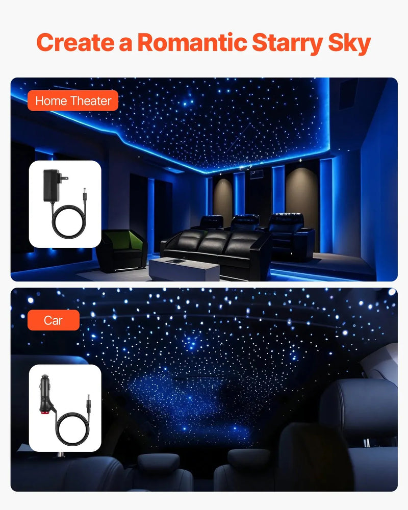 Starlight griestu apgaismojuma komplekts, 900 gab., 0,76 mm, 3 m, 20 W, ar Bluetooth, tālvadību, skaņas aktivizāciju, RGBW