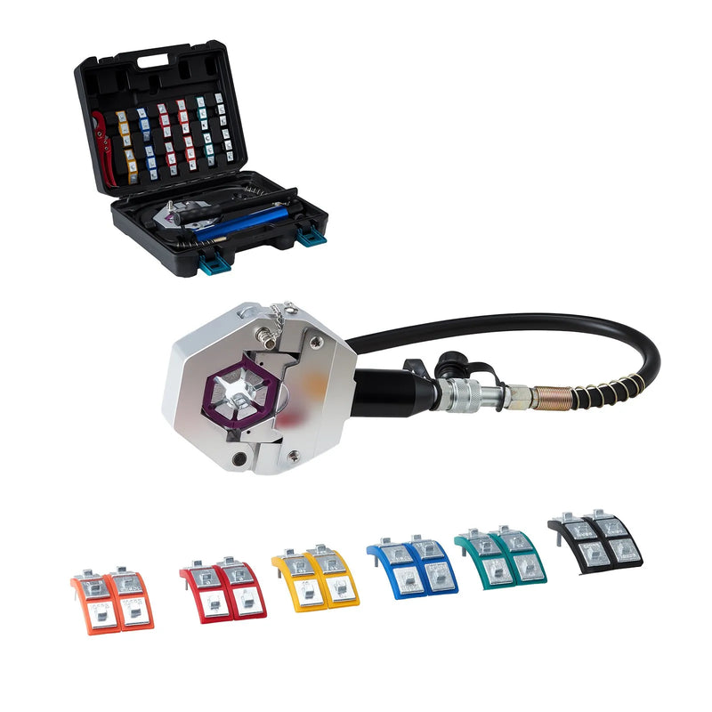 VEVOR hidrauliskais šļūteņu presētājs Hydra-Krimp A/C, komplekts ar 7 maināmām presformām un pārnēsājamu koferi, manuāls hidrauliskais sūknis, paredzēts automobiļu un gaisa kondicionēšanas sistēmu šļūteņu presēšanai