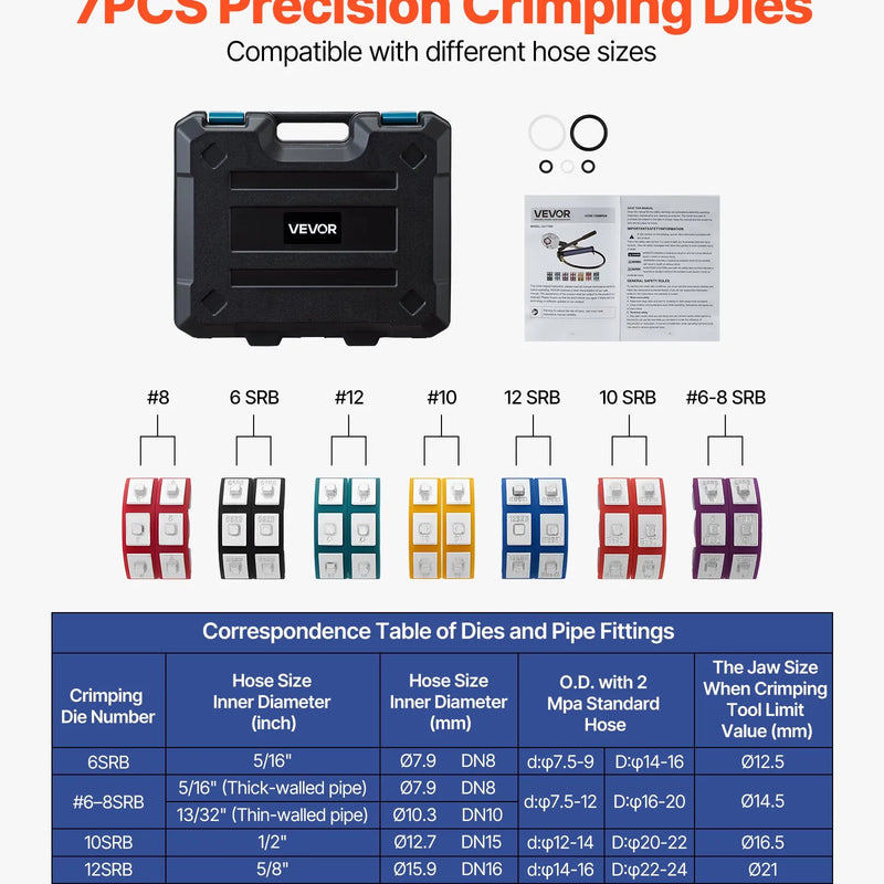 VEVOR hidrauliskais šļūteņu presētājs Hydra-Krimp A/C, komplekts ar 7 maināmām presformām un pārnēsājamu koferi, manuāls hidrauliskais sūknis, paredzēts automobiļu un gaisa kondicionēšanas sistēmu šļūteņu presēšanai