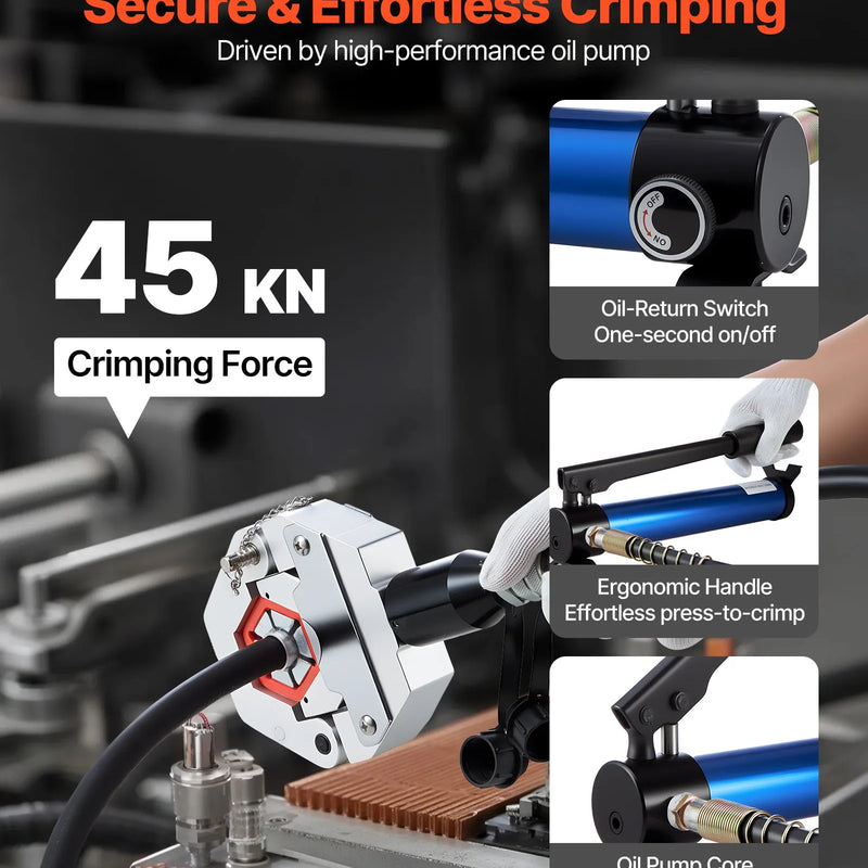 VEVOR hidrauliskais šļūteņu presētājs Hydra-Krimp A/C, komplekts ar 7 maināmām presformām un pārnēsājamu koferi, manuāls hidrauliskais sūknis, paredzēts automobiļu un gaisa kondicionēšanas sistēmu šļūteņu presēšanai