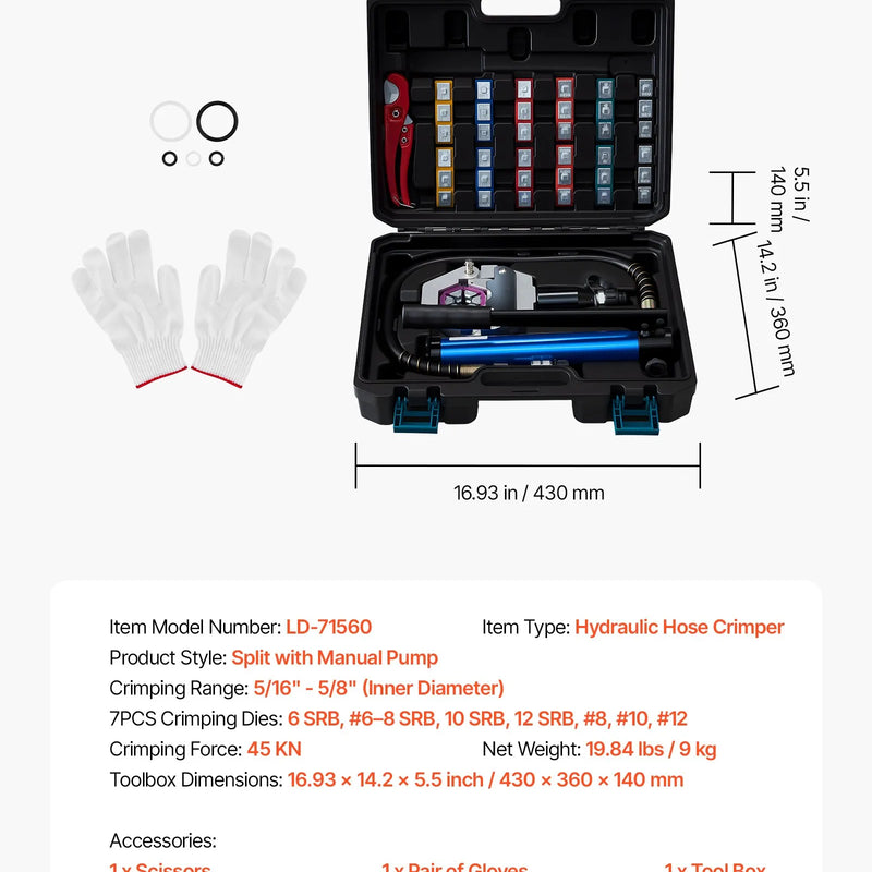 VEVOR hidrauliskais šļūteņu presētājs Hydra-Krimp A/C, komplekts ar 7 maināmām presformām un pārnēsājamu koferi, manuāls hidrauliskais sūknis, paredzēts automobiļu un gaisa kondicionēšanas sistēmu šļūteņu presēšanai