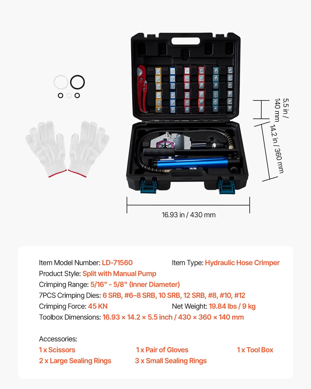 VEVOR Hydraulic Hose Crimper Hydra-Krimp A/C, Kit with 7 Interchangeable Dies and Portable Case, Manual Hydraulic Pump, for Automotive and Air Conditioning System Hose Crimping