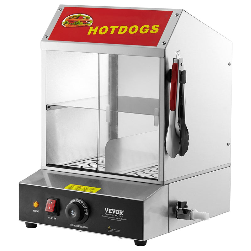 VEVOR Komerciālais Hotdogu Tvaicētājs – 2 līmeņu elektriska maizīšu sildītava, 27L, bīdāmās durvis