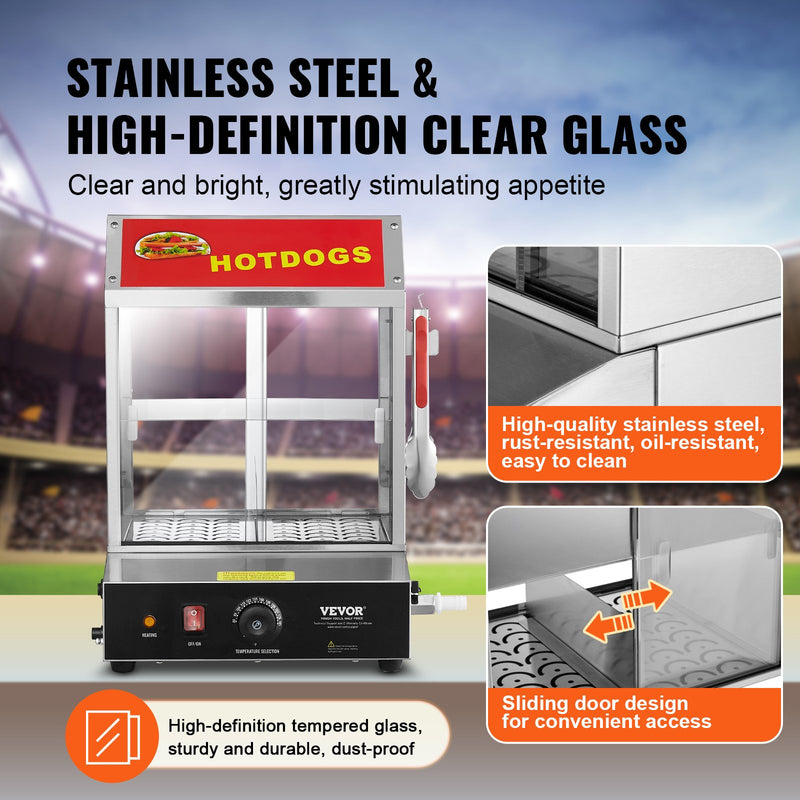 VEVOR Komerciālais Hotdogu Tvaicētājs – 2 līmeņu elektriska maizīšu sildītava, 27L, bīdāmās durvis