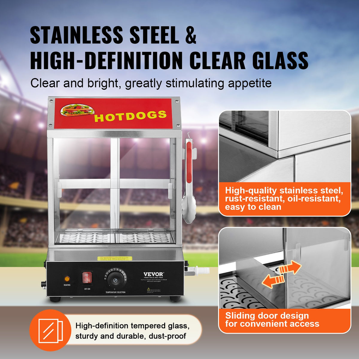 VEVOR kommertslik hotdogiaurutaja 27 l, 2-tasandiline kuklisoojendaja lükandustega