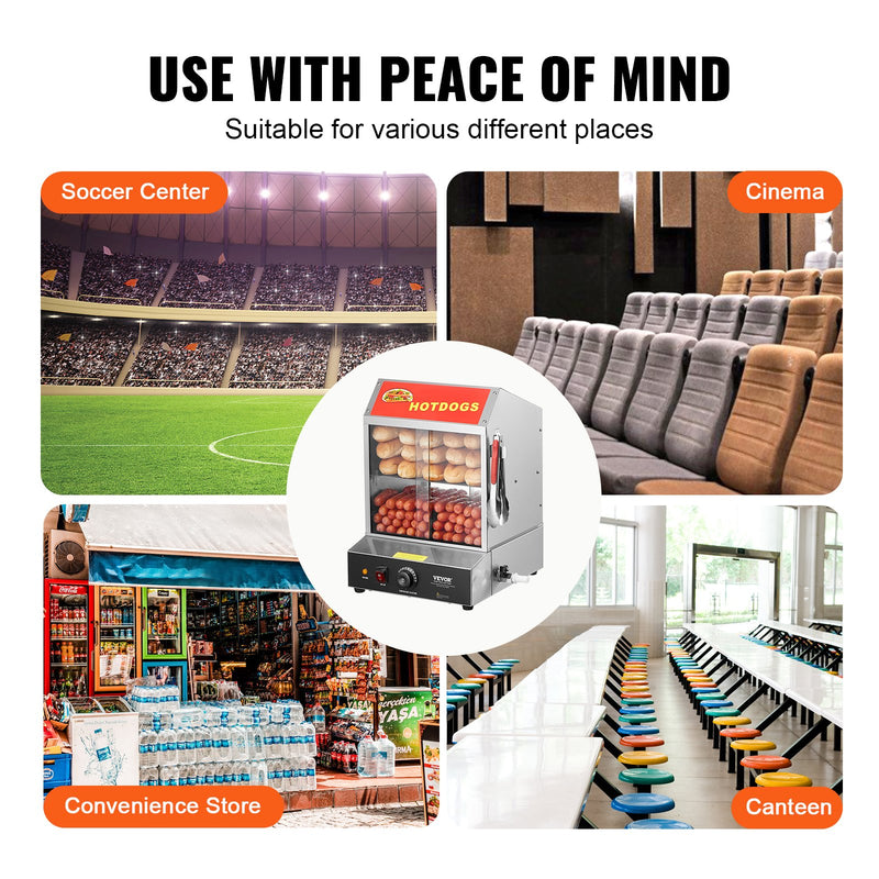 VEVOR Komerciālais Hotdogu Tvaicētājs – 2 līmeņu elektriska maizīšu sildītava, 27L, bīdāmās durvis