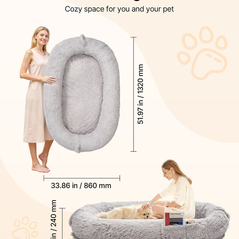 VEVOR cilvēka izmēra suņu gulta, 1320 × 860 × 240 mm ortopēdisks memory foam matracis, cilvēka izmēra gulta suņiem ar sānu kabatu, rokturi un rāvējslēdzēju, noņemama un mazgājama mašīnā, pelēkā krāsā.