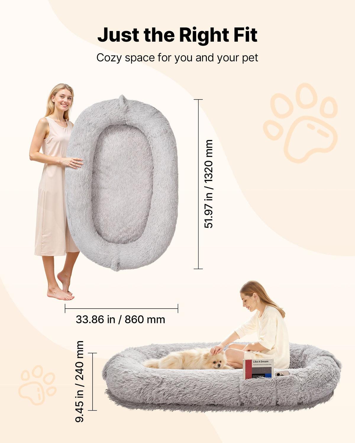 VEVOR Orthopedic Dog Bed with Memory Foam Mattress and Washable Cover, 132 × 86 × 24 cm, Grey