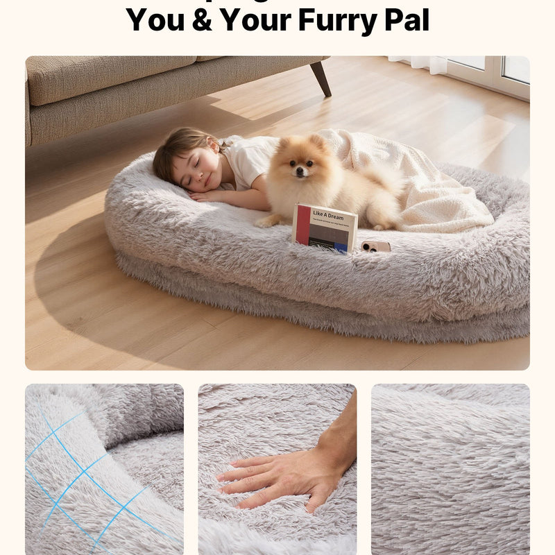 VEVOR cilvēka izmēra suņu gulta, 1320 × 860 × 240 mm ortopēdisks memory foam matracis, cilvēka izmēra gulta suņiem ar sānu kabatu, rokturi un rāvējslēdzēju, noņemama un mazgājama mašīnā, pelēkā krāsā.