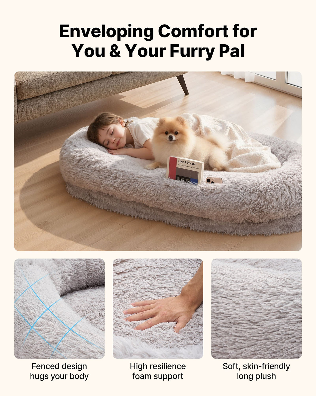 VEVOR Orthopedic Dog Bed with Memory Foam Mattress and Washable Cover, 132 × 86 × 24 cm, Grey