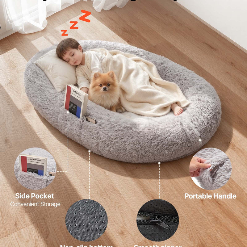 VEVOR cilvēka izmēra suņu gulta, 1320 × 860 × 240 mm ortopēdisks memory foam matracis, cilvēka izmēra gulta suņiem ar sānu kabatu, rokturi un rāvējslēdzēju, noņemama un mazgājama mašīnā, pelēkā krāsā.