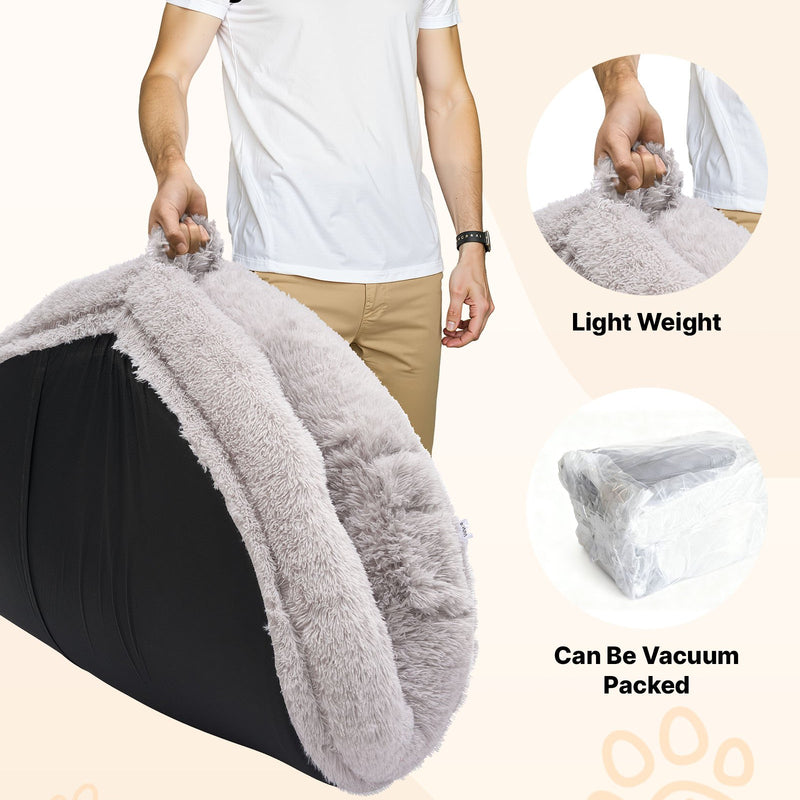 VEVOR cilvēka izmēra suņu gulta, 1320 × 860 × 240 mm ortopēdisks memory foam matracis, cilvēka izmēra gulta suņiem ar sānu kabatu, rokturi un rāvējslēdzēju, noņemama un mazgājama mašīnā, pelēkā krāsā.