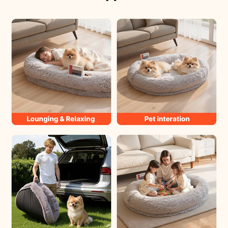 VEVOR cilvēka izmēra suņu gulta, 1320 × 860 × 240 mm ortopēdisks memory foam matracis, cilvēka izmēra gulta suņiem ar sānu kabatu, rokturi un rāvējslēdzēju, noņemama un mazgājama mašīnā, pelēkā krāsā.