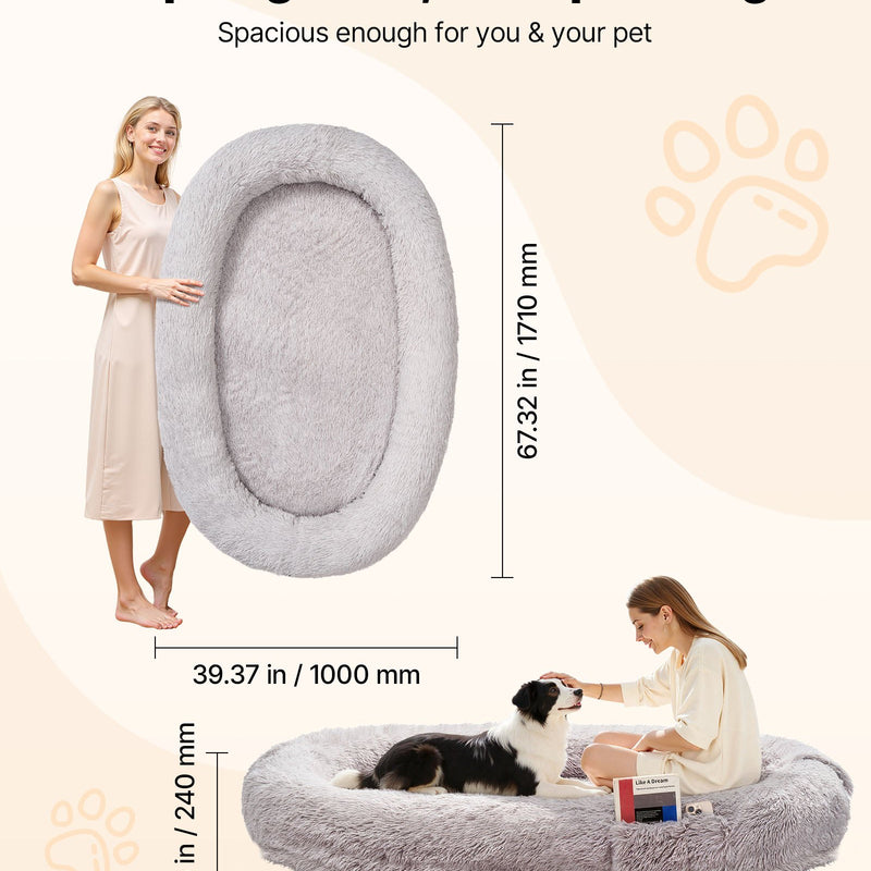 VEVOR cilvēka izmēra suņu gulta, 171 × 100 × 24 cm ortopēdisks memory foam matracis, cilvēka izmēra gulta suņiem ar sānu kabatu, rokturi un rāvējslēdzēju, noņemamu un mazgājamu mašīnā, pelēkā krāsā.