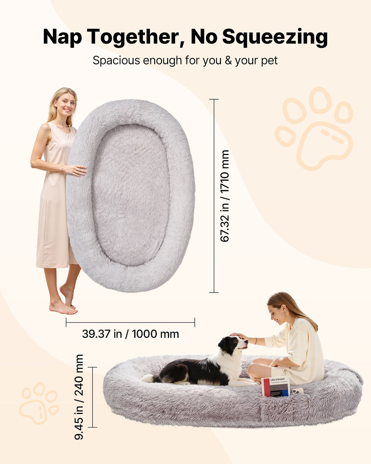 VEVOR Orthopedic Dog Bed with Memory Foam Mattress and Washable Cover, 171 × 100 × 24 cm, Grey