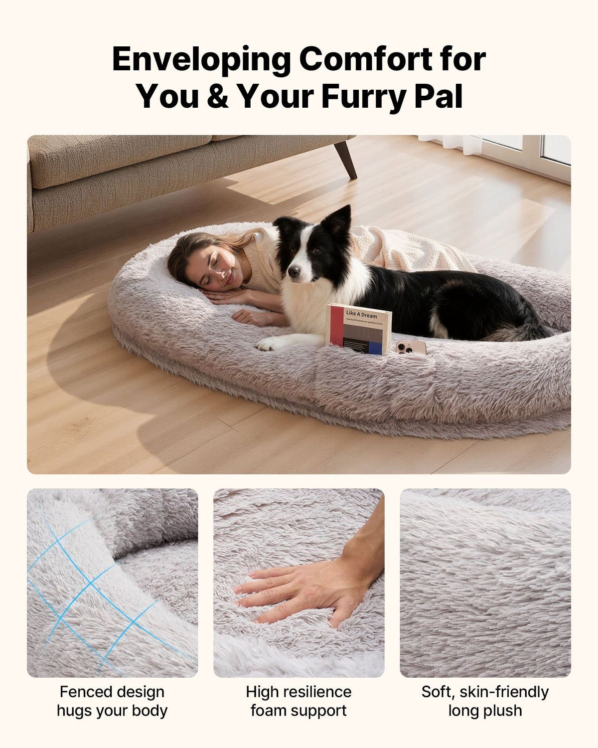 VEVOR Orthopedic Dog Bed with Memory Foam Mattress and Washable Cover, 171 × 100 × 24 cm, Grey