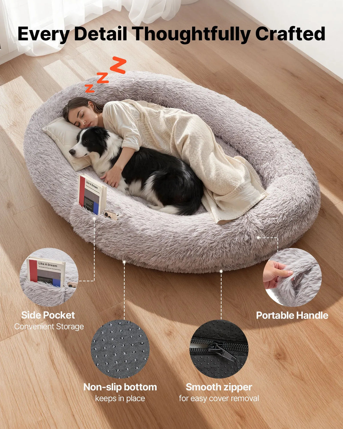 VEVOR Orthopedic Dog Bed with Memory Foam Mattress and Washable Cover, 171 × 100 × 24 cm, Grey