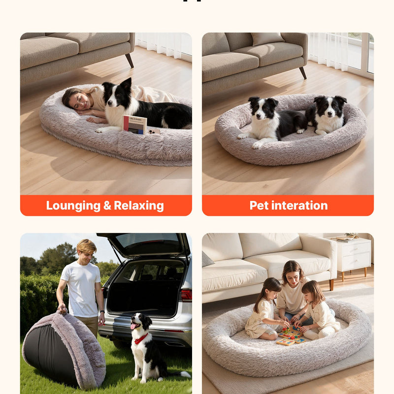 VEVOR cilvēka izmēra suņu gulta, 171 × 100 × 24 cm ortopēdisks memory foam matracis, cilvēka izmēra gulta suņiem ar sānu kabatu, rokturi un rāvējslēdzēju, noņemamu un mazgājamu mašīnā, pelēkā krāsā.