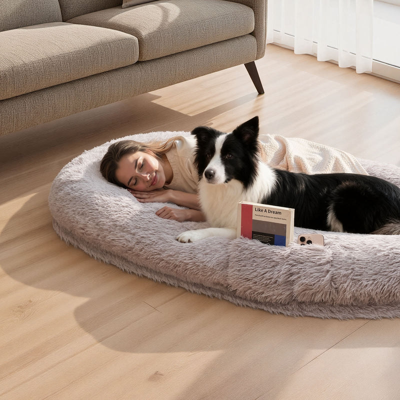 VEVOR cilvēka izmēra suņu gulta, 171 × 100 × 24 cm ortopēdisks memory foam matracis, cilvēka izmēra gulta suņiem ar sānu kabatu, rokturi un rāvējslēdzēju, noņemamu un mazgājamu mašīnā, pelēkā krāsā.