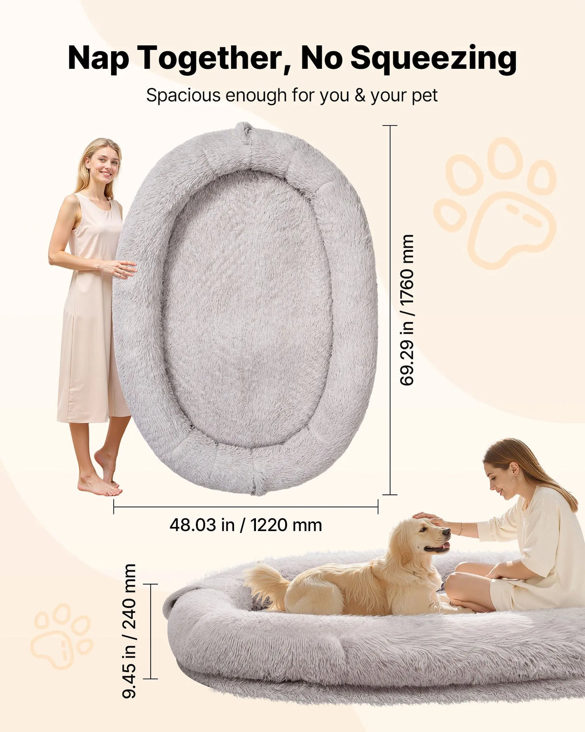 VEVOR Orthopedic Dog Bed with Memory Foam Mattress and Washable Cover, 176 × 122 × 24 cm, Grey