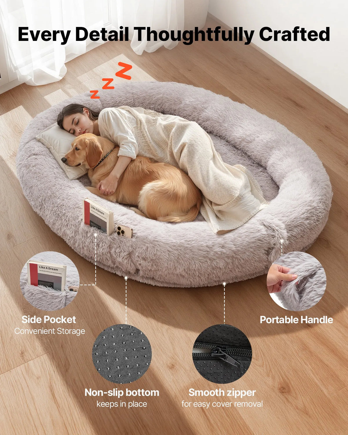 VEVOR Orthopedic Dog Bed with Memory Foam Mattress and Washable Cover, 176 × 122 × 24 cm, Grey