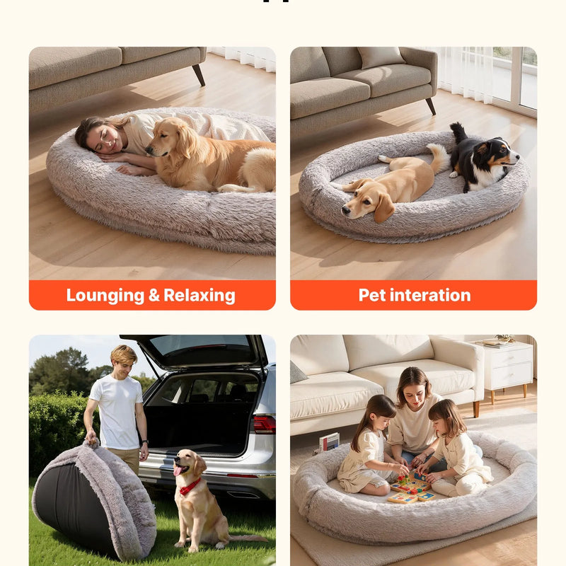 VEVOR cilvēka izmēra suņu gulta, 1760 × 1220 × 240 мм, ortopēdiska atmiņas putu gulta cilvēkiem un mājdzīvniekiem, ar sānu kabatu, rokturi un rāvējslēdzēju, noņemams un veļasmašīnā mazgājams pārvalks, pelēka