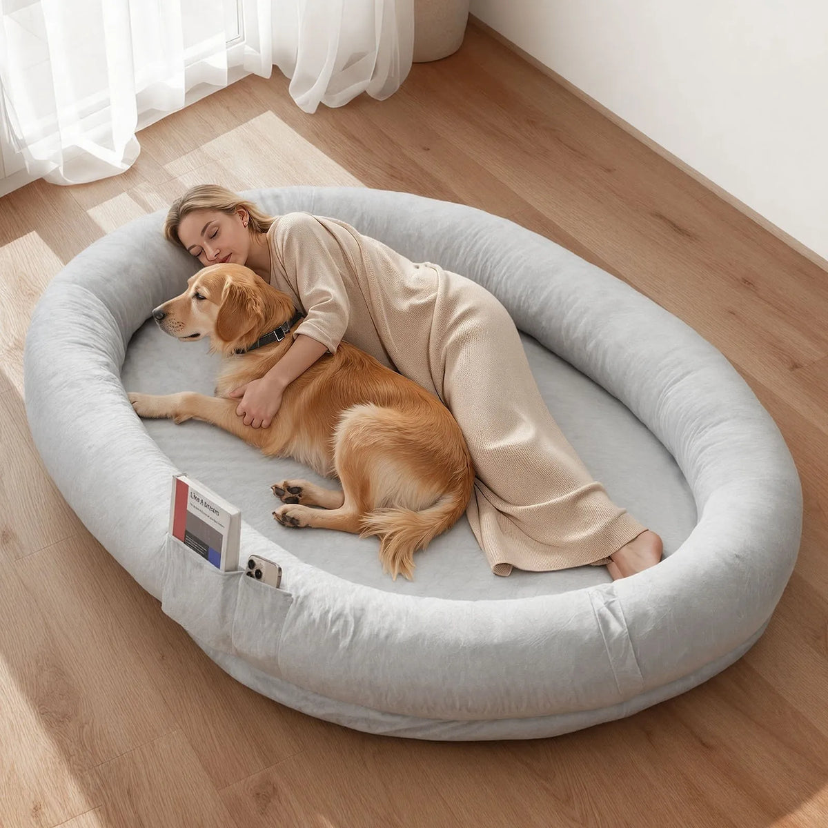 VEVOR cilvēka izmēra ortopēdiska suņu gulta ar memory foam matraci un mazgājamu pārvalku, 178 × 120 × 24 cm, pelēka