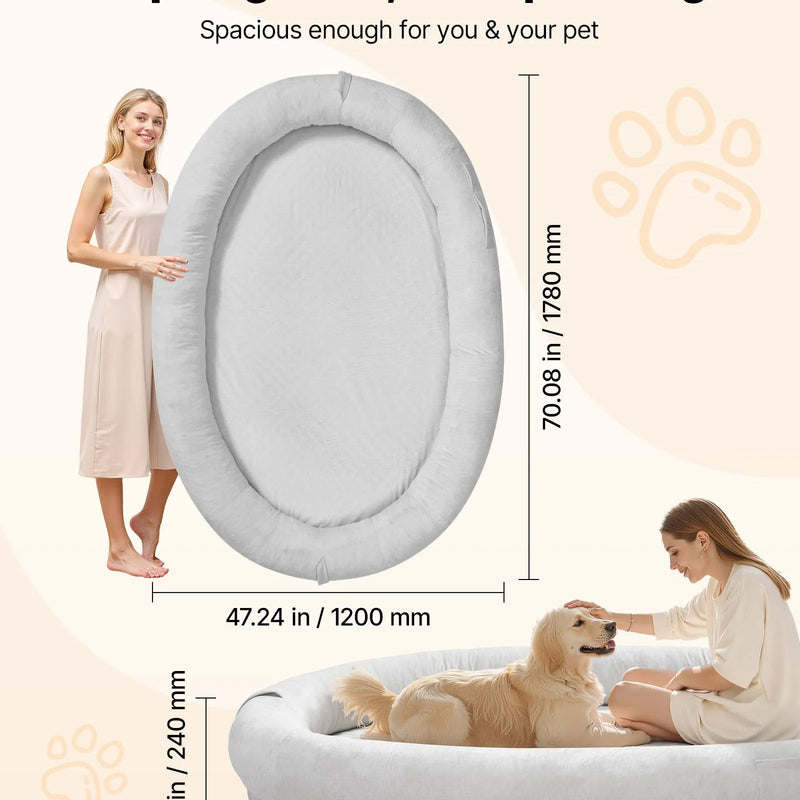 VEVOR cilvēka izmēra suņu gulta, 1780 × 1200 × 240 mm, ortopēdiska atmiņas putu gulta cilvēkiem un mājdzīvniekiem, ar sānu kabatu, rokturi un rāvējslēdzēju, noņemams veļasmašīnā mazgājams pārvalks, pelēka