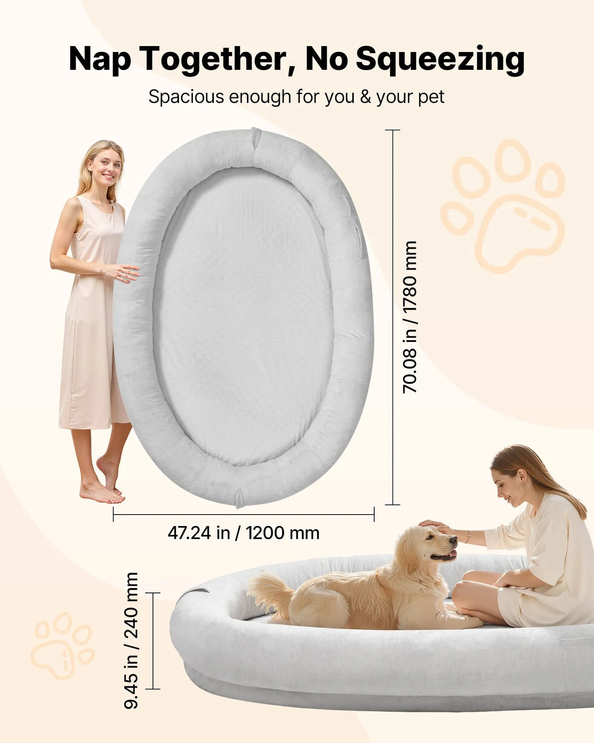 VEVOR cilvēka izmēra ortopēdiska suņu gulta ar memory foam matraci un mazgājamu pārvalku, 178 × 120 × 24 cm, pelēka