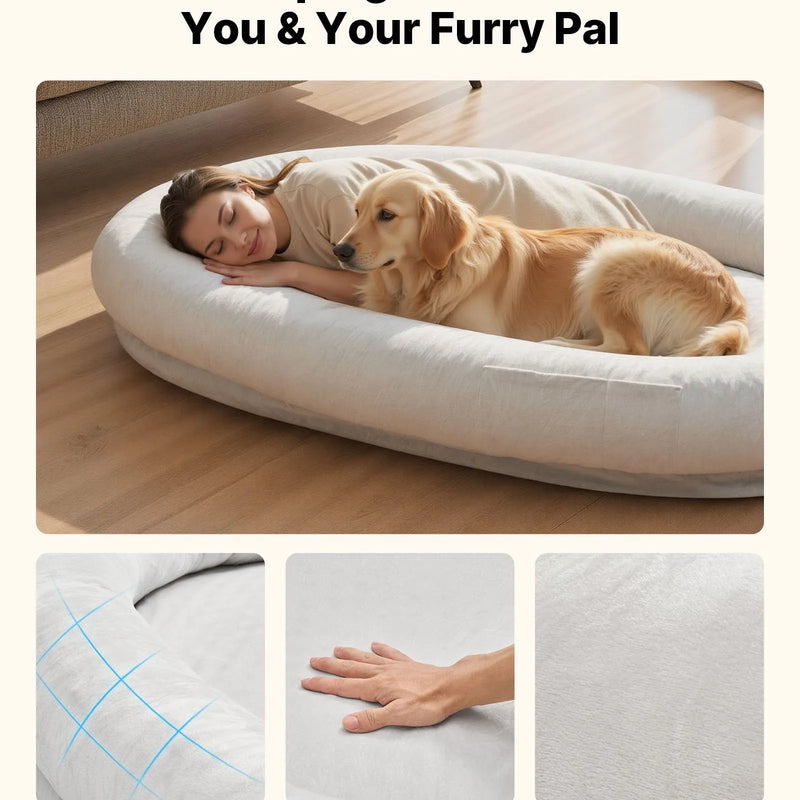VEVOR cilvēka izmēra suņu gulta, 1780 × 1200 × 240 mm, ortopēdiska atmiņas putu gulta cilvēkiem un mājdzīvniekiem, ar sānu kabatu, rokturi un rāvējslēdzēju, noņemams veļasmašīnā mazgājams pārvalks, pelēka