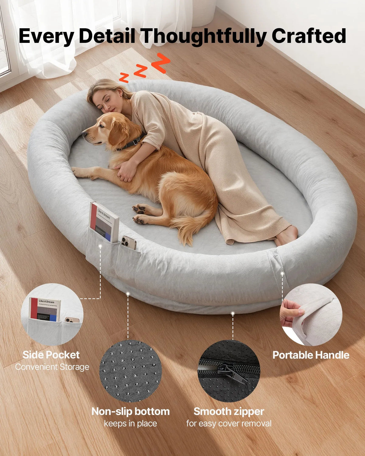 VEVOR cilvēka izmēra ortopēdiska suņu gulta ar memory foam matraci un mazgājamu pārvalku, 178 × 120 × 24 cm, pelēka