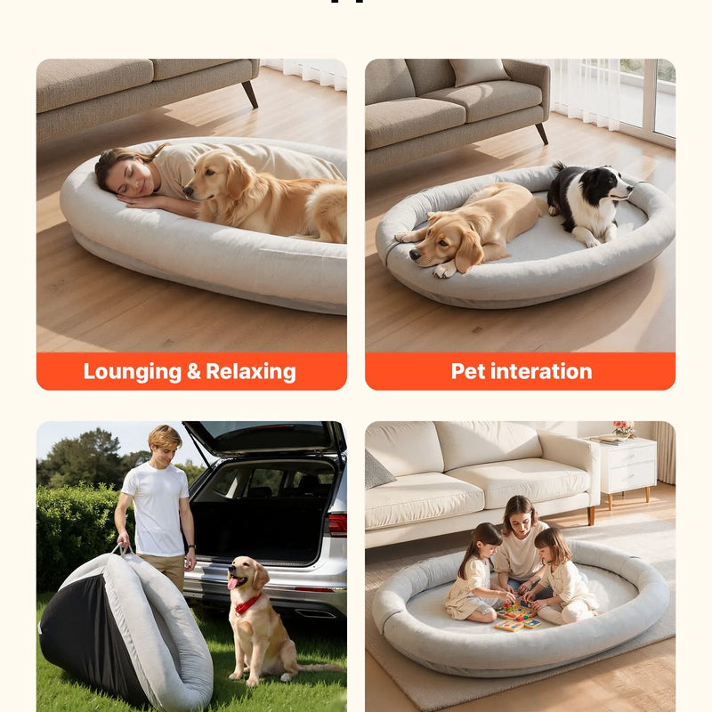 VEVOR cilvēka izmēra suņu gulta, 1780 × 1200 × 240 mm, ortopēdiska atmiņas putu gulta cilvēkiem un mājdzīvniekiem, ar sānu kabatu, rokturi un rāvējslēdzēju, noņemams veļasmašīnā mazgājams pārvalks, pelēka