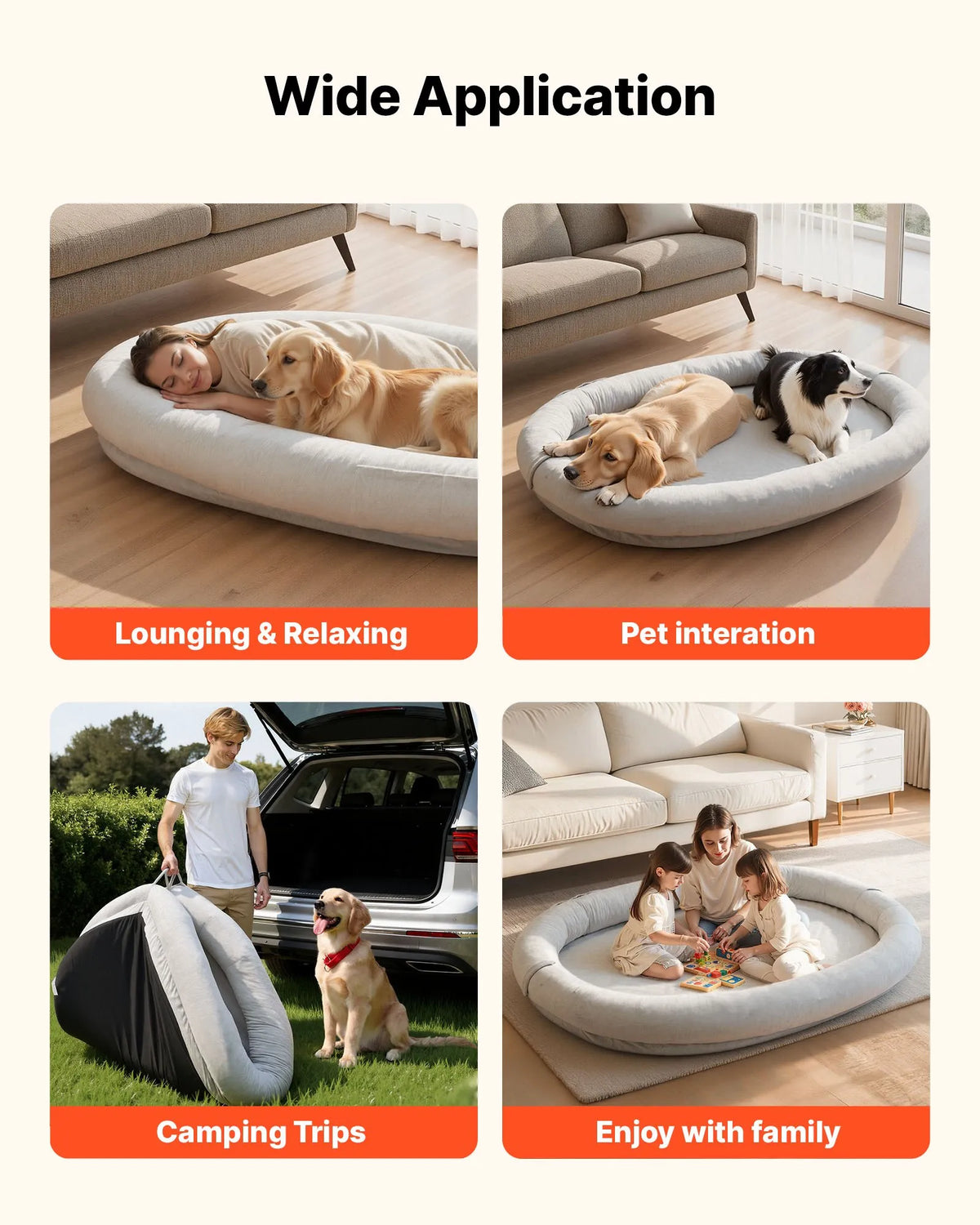 VEVOR cilvēka izmēra ortopēdiska suņu gulta ar memory foam matraci un mazgājamu pārvalku, 178 × 120 × 24 cm, pelēka