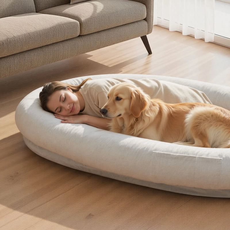 VEVOR cilvēka izmēra suņu gulta, 1780 × 1200 × 240 mm, ortopēdiska atmiņas putu gulta cilvēkiem un mājdzīvniekiem, ar sānu kabatu, rokturi un rāvējslēdzēju, noņemams veļasmašīnā mazgājams pārvalks, pelēka