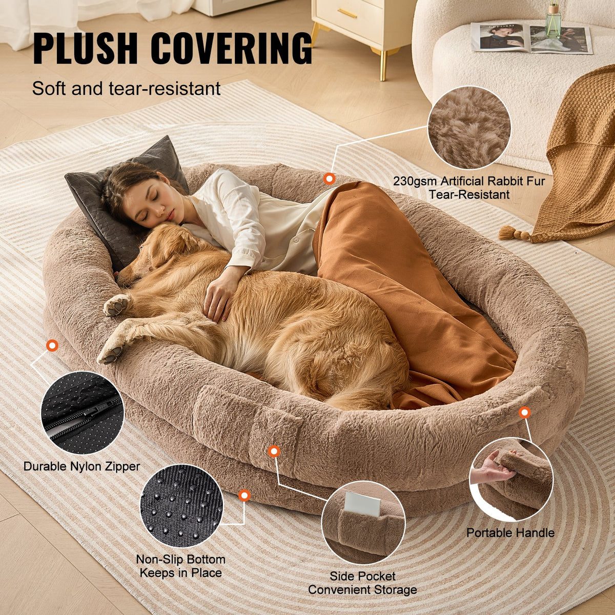 VEVOR Human-Size Dog Bed with Artificial Fur Cover, Washable, 183 × 122 × 25 cm