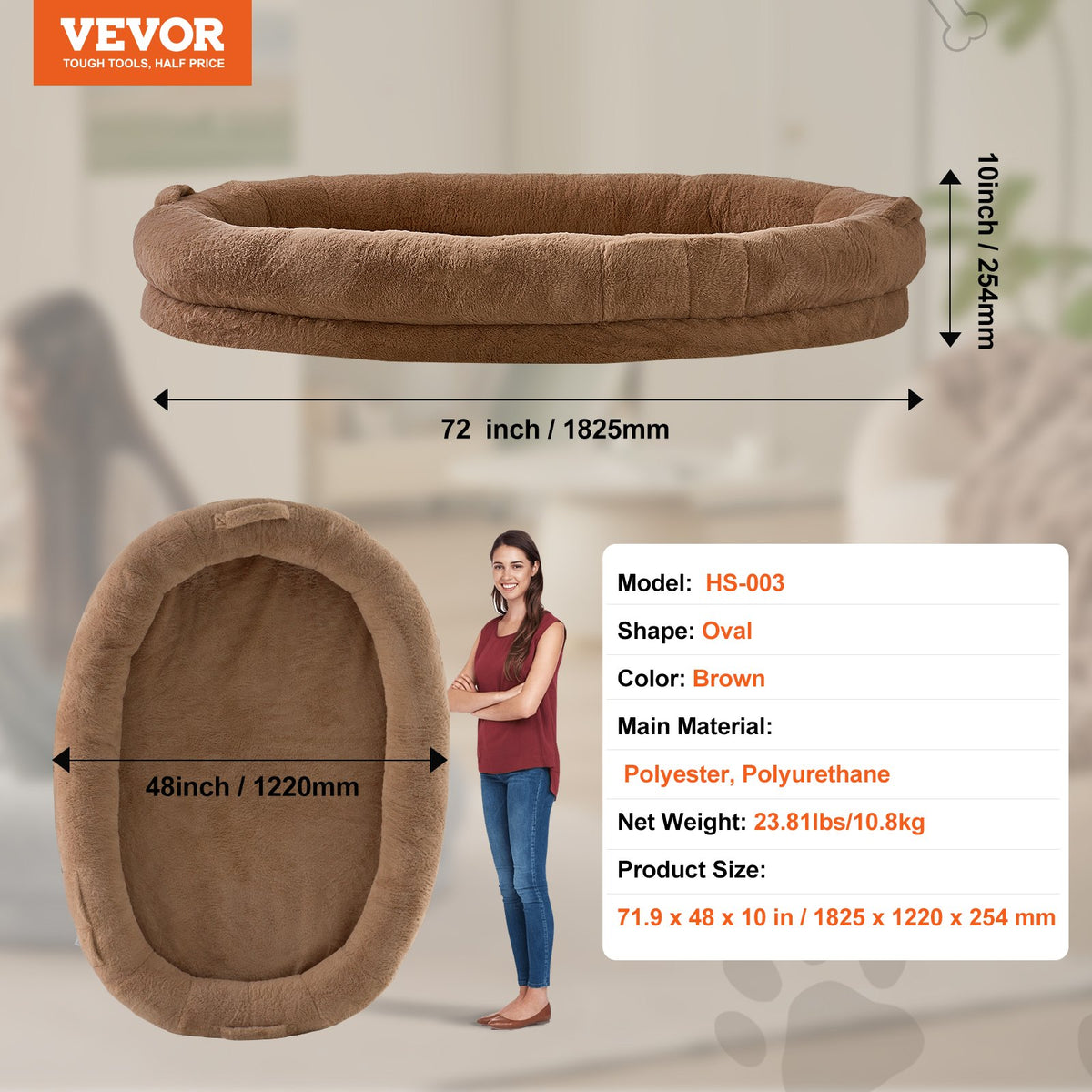 VEVOR Human-Size Dog Bed with Artificial Fur Cover, Washable, 183 × 122 × 25 cm