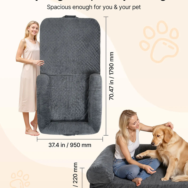 VEVOR cilvēka izmēra suņu gulta, 1790 × 950 × 240 mm, ortopēdiska atmiņas putu gulta cilvēkiem un mājdzīvniekiem, ar sānu kabatu, rokturi un rāvējslēdzēju, noņemams un veļasmašīnā mazgājams pārvalks, tumši pelēka