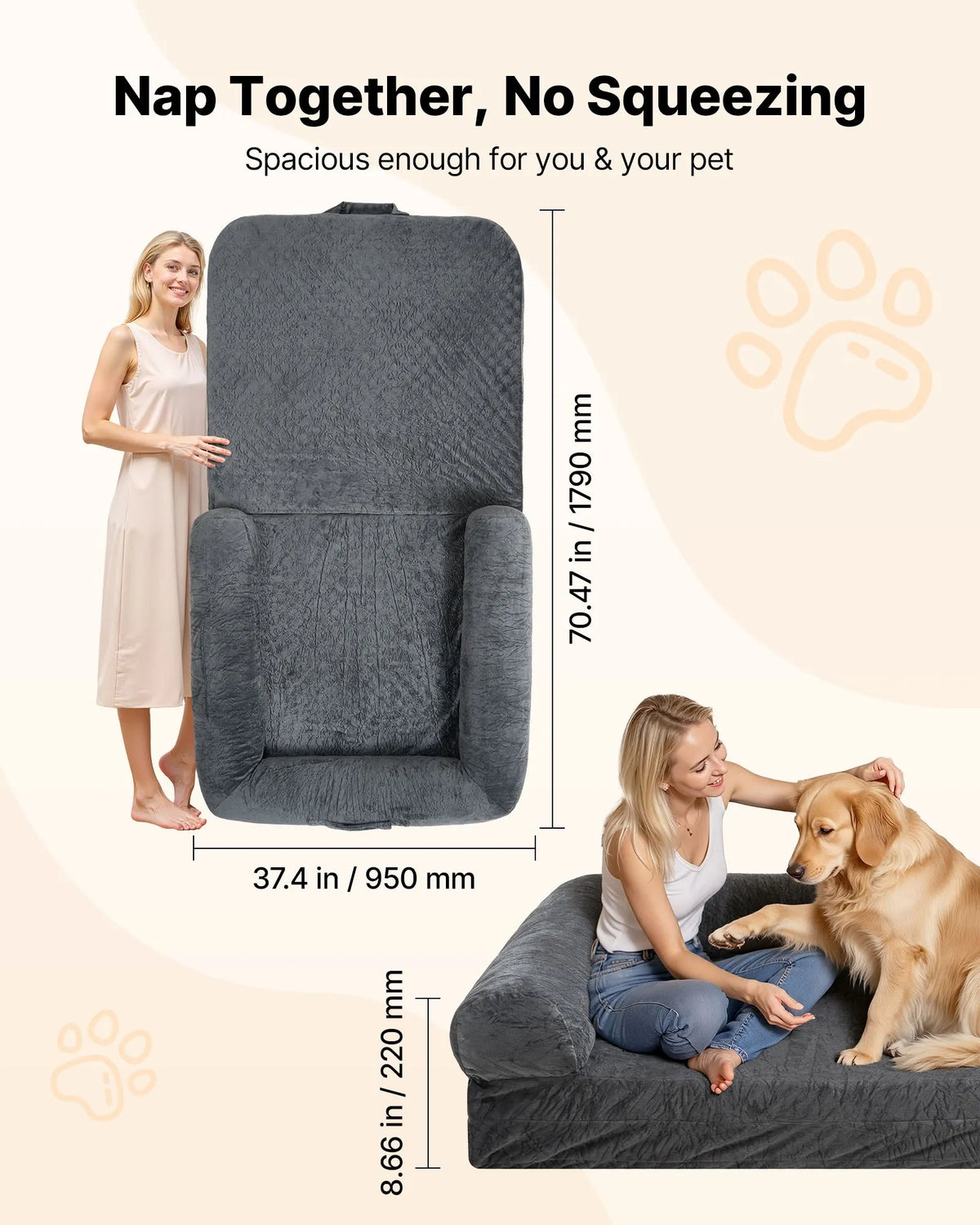 VEVOR ортопедическая лежанка для собак человеческого размера с матрасом memory foam и съёмным чехлом, 179 × 95 × 24 см, тёмно-серая